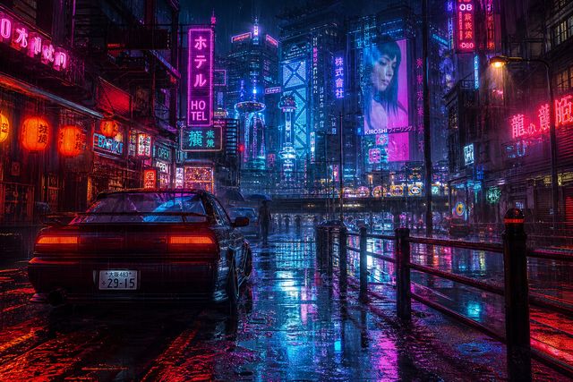 Neon cyberpunk city rain reflection