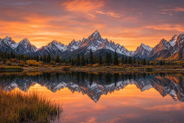 Serene mountain lake at golden hour