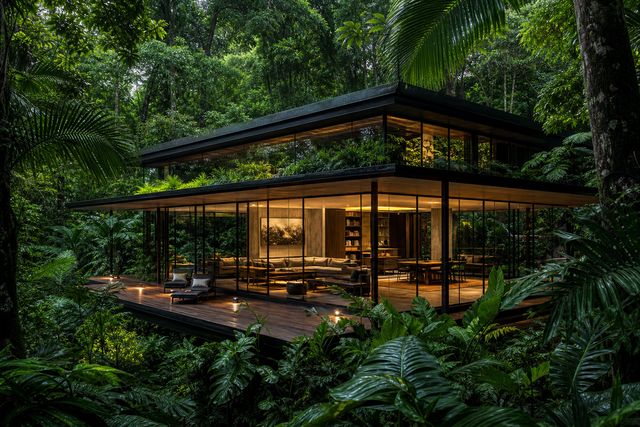 Glass house in a tropical jungle